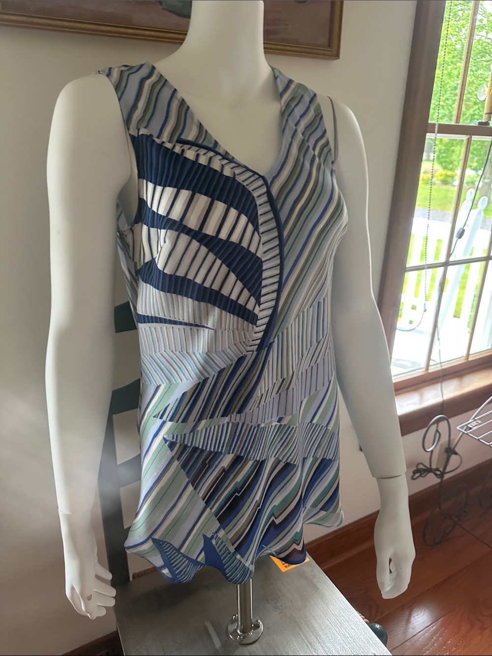 NIC+ZOE Navy, White & Green Striped V-Neck Top